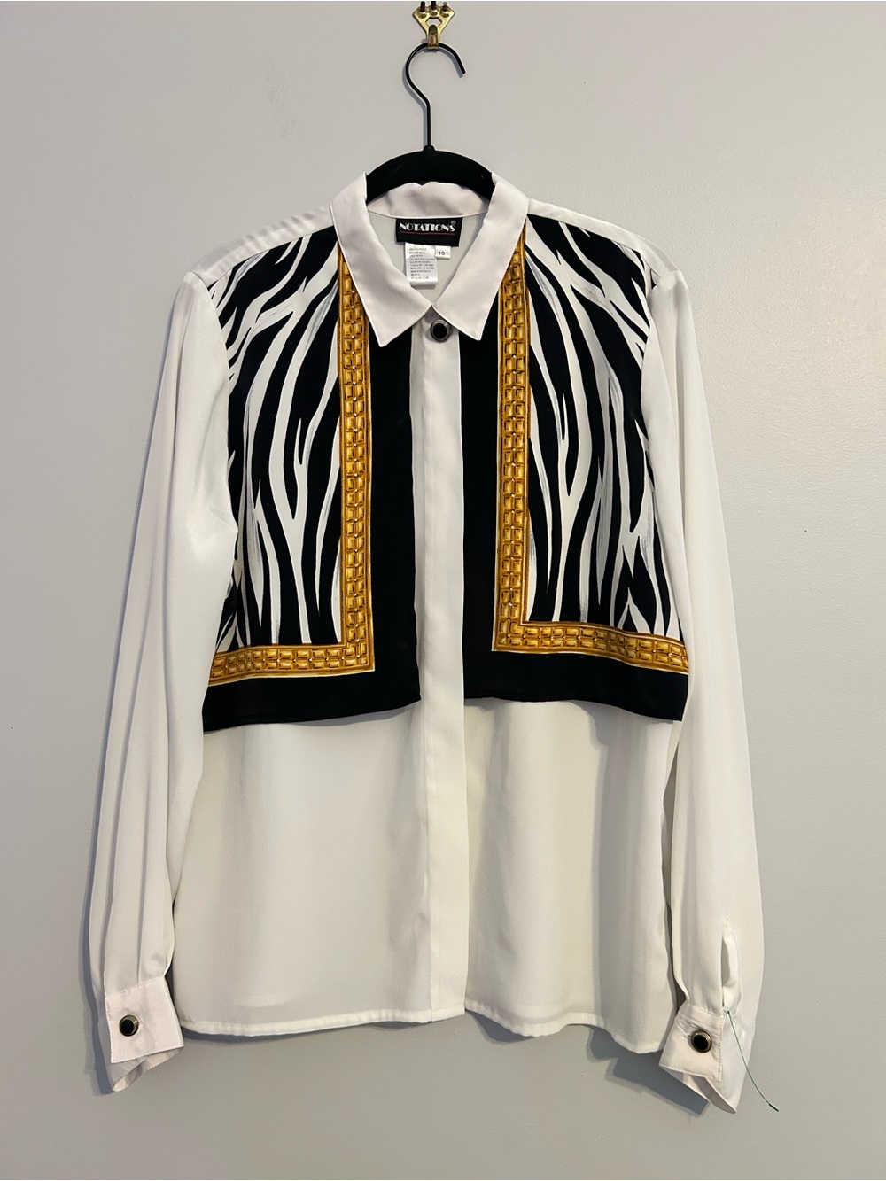 Vintage Notations White Collared Top with Zebra Print and Gold Accents